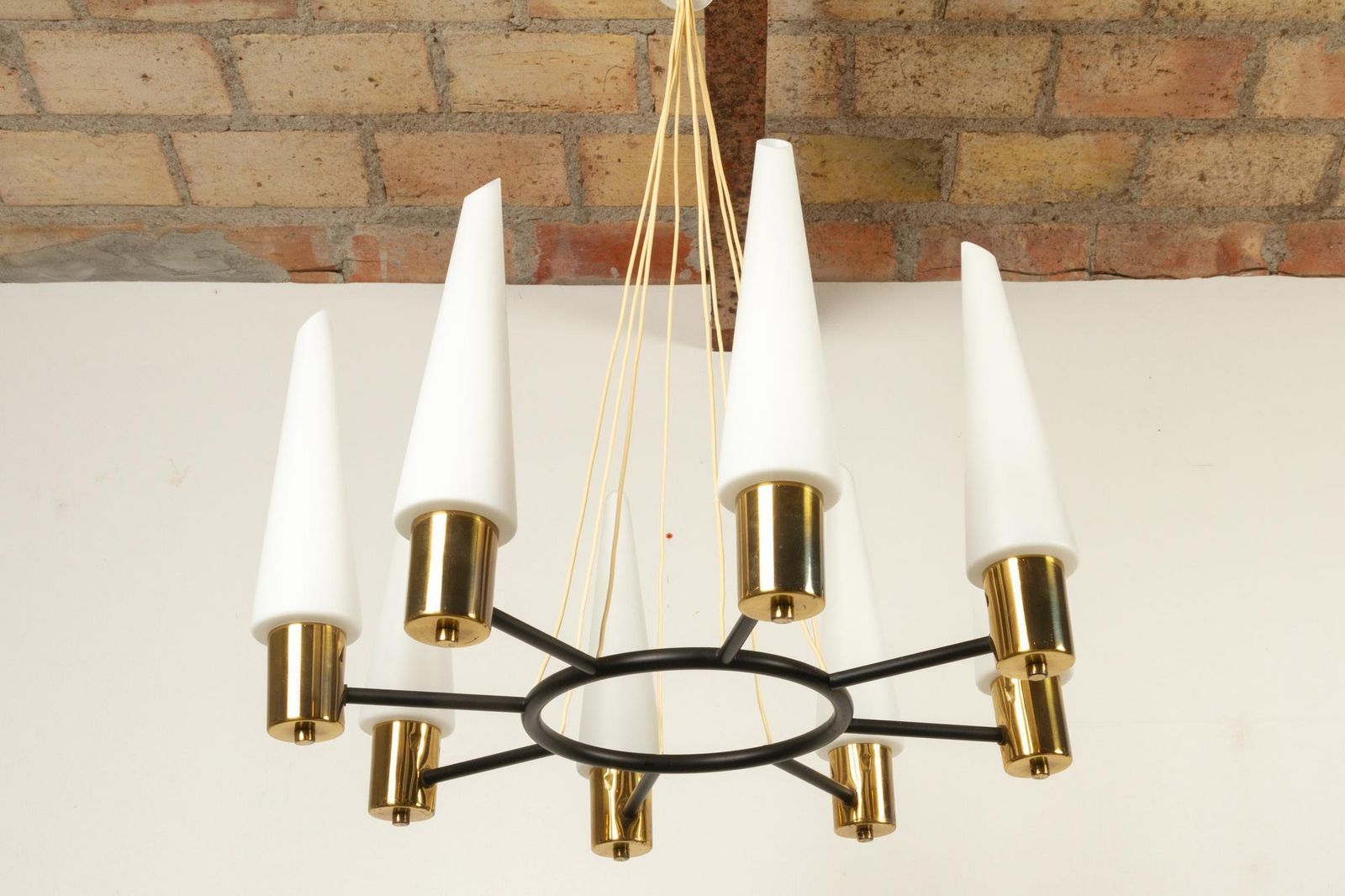 Vintage Midcentury Brass Chandelier With Opal Glass Shades, 1960s photo Lighting