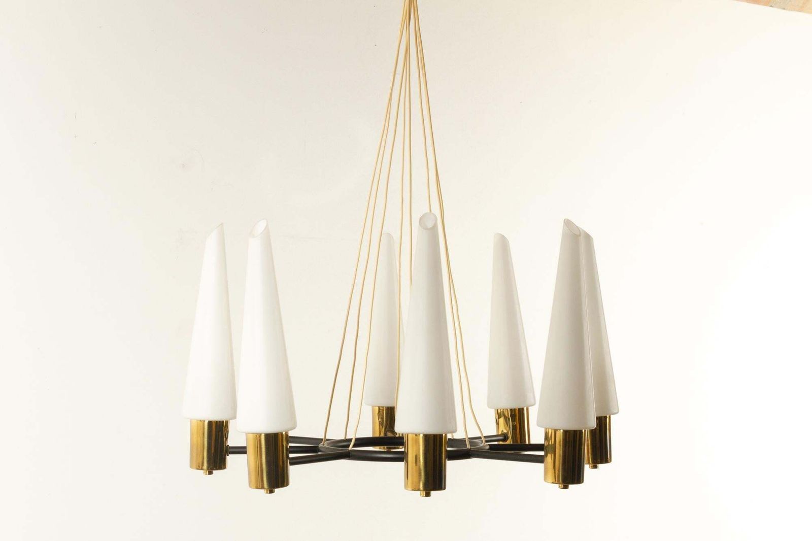photo furniture Vintage Midcentury Brass Chandelier With Opal Glass Shades, 1960s