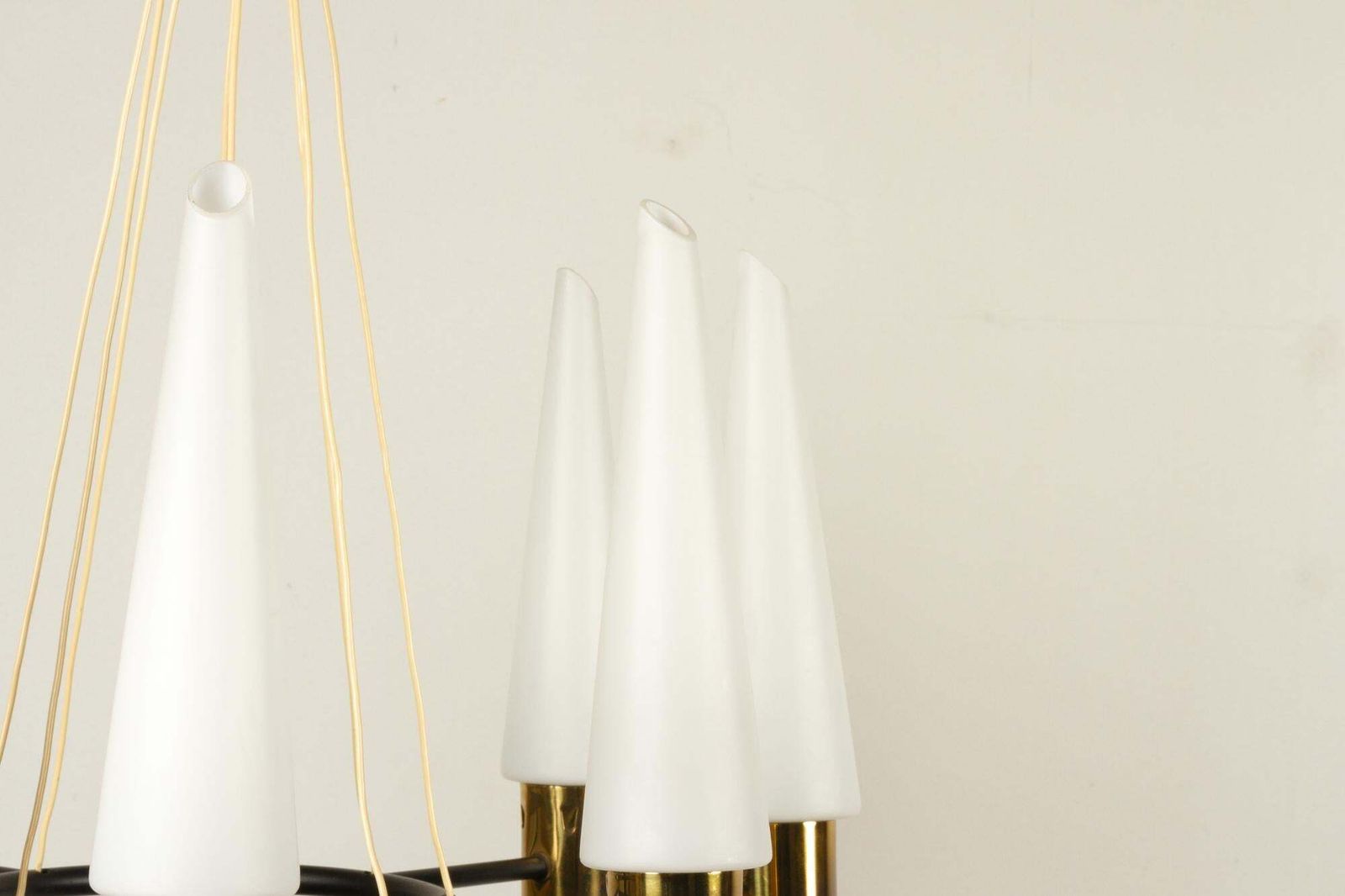 photo for sale Vintage Midcentury Brass Chandelier With Opal Glass Shades, 1960s