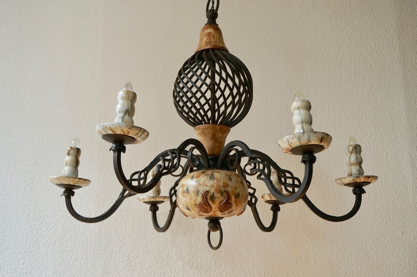 photo furniture Rare Belgium Art Deco Ceramic And Wrought Iron Chandelier By A Dubois, Belgium