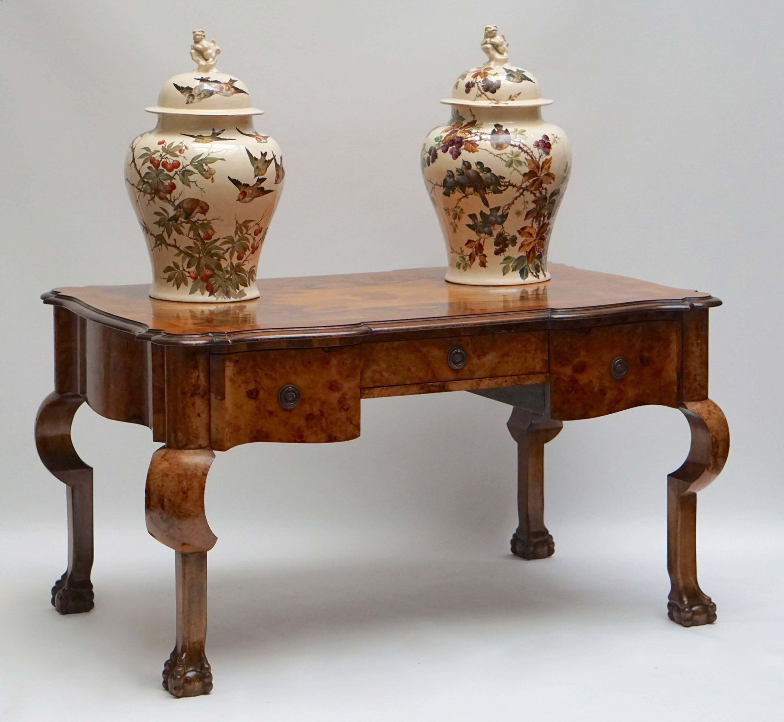 photo furniture 19th Century Burl Walnut Partner's Desk With Armchair