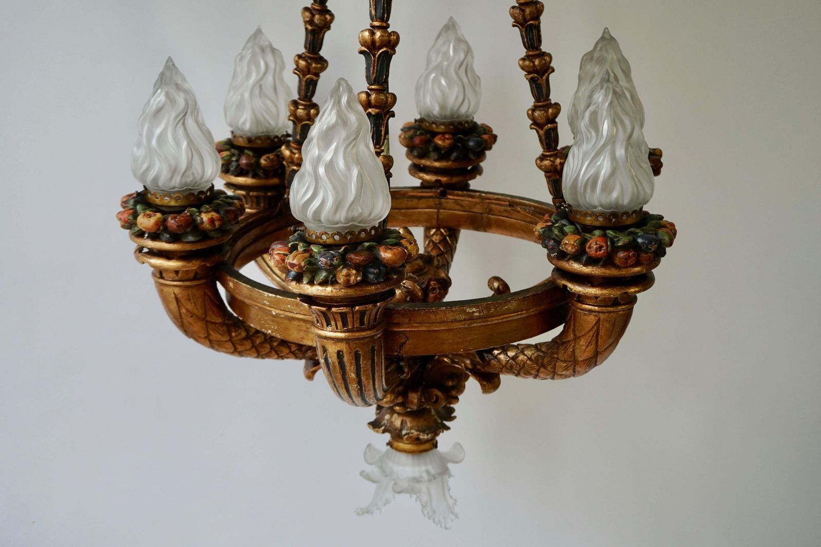 photo for sale Wonderful Italian Giltwood Cherubs Putti And Painted Fruit Torch Chandelier