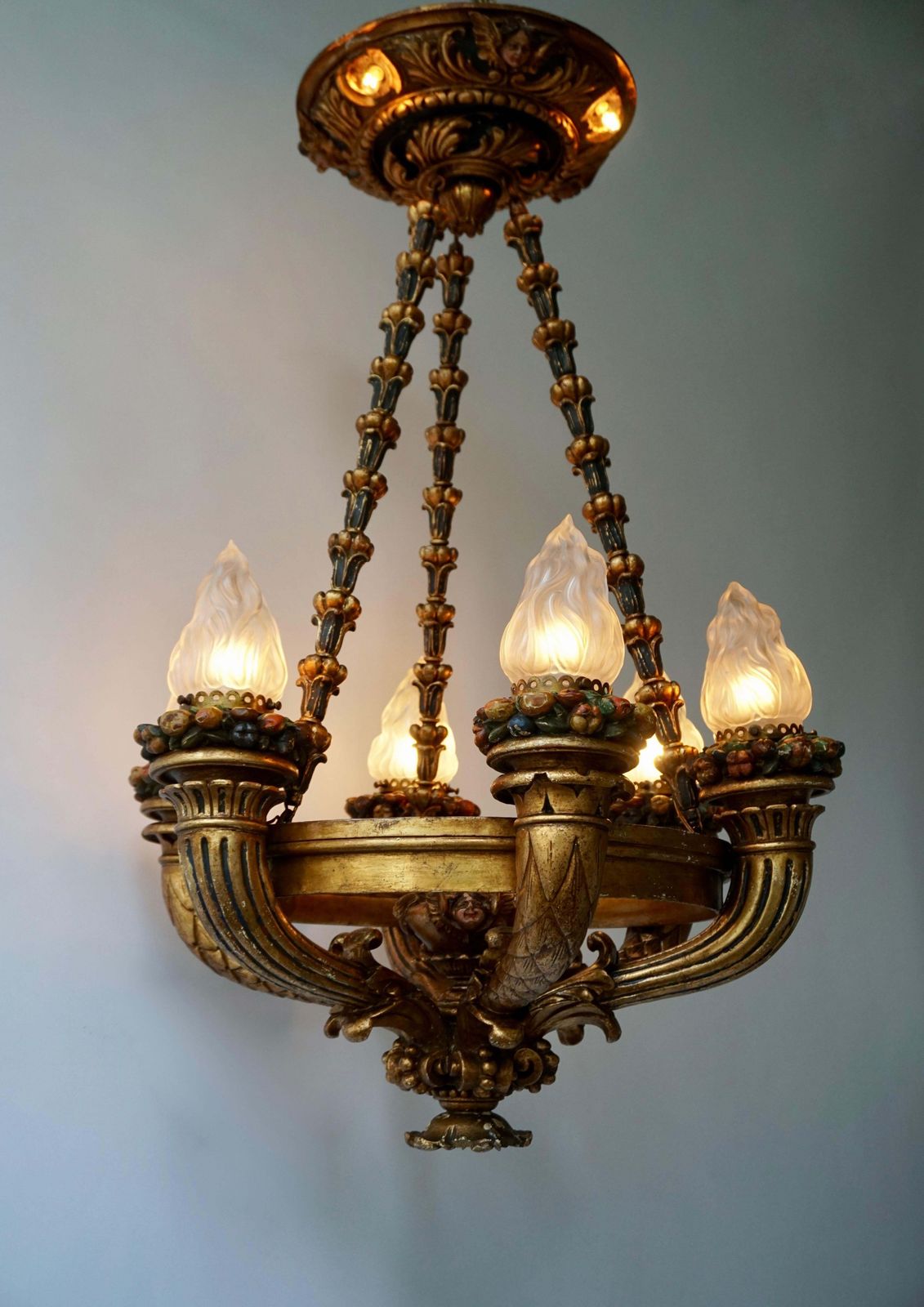 photo buy Wonderful Italian Giltwood Cherubs Putti And Painted Fruit Torch Chandelier