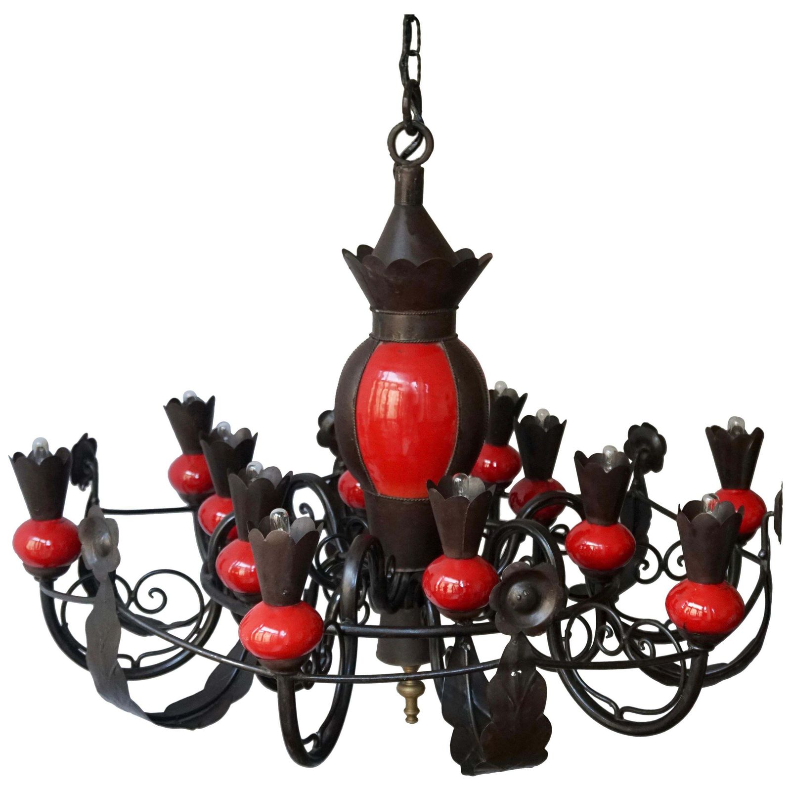 Beautiful Large 1950s Wrought Iron And Red Ceramic Chandelier