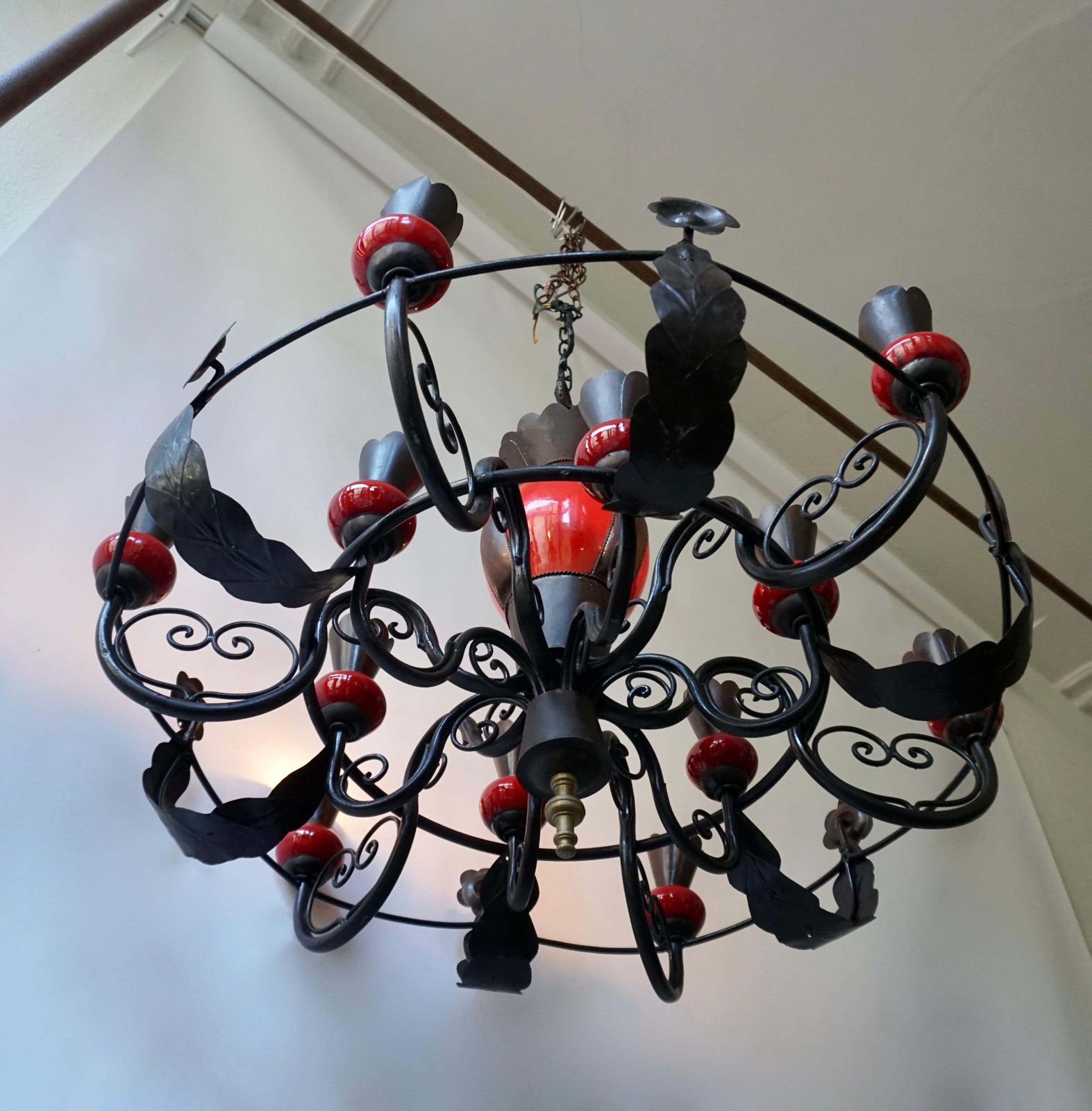 Beautiful Large 1950s Wrought Iron And Red Ceramic Chandelier photo Lighting