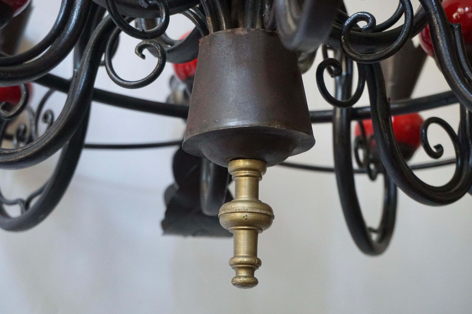 photo for sale Beautiful Large 1950s Wrought Iron And Red Ceramic Chandelier