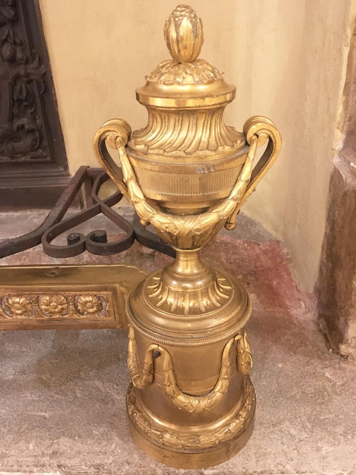 photo vinterior France Mid 18th Century Pair Gilded Bronze And Iron Neclassical Andirons