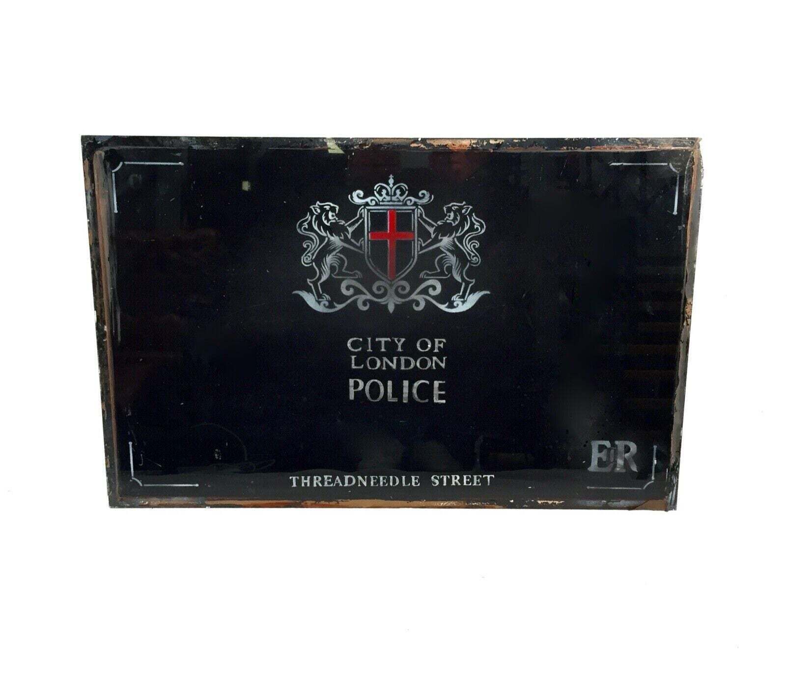 Vintage Glass Window Sign City Of London Police Threadneedle Street Glass