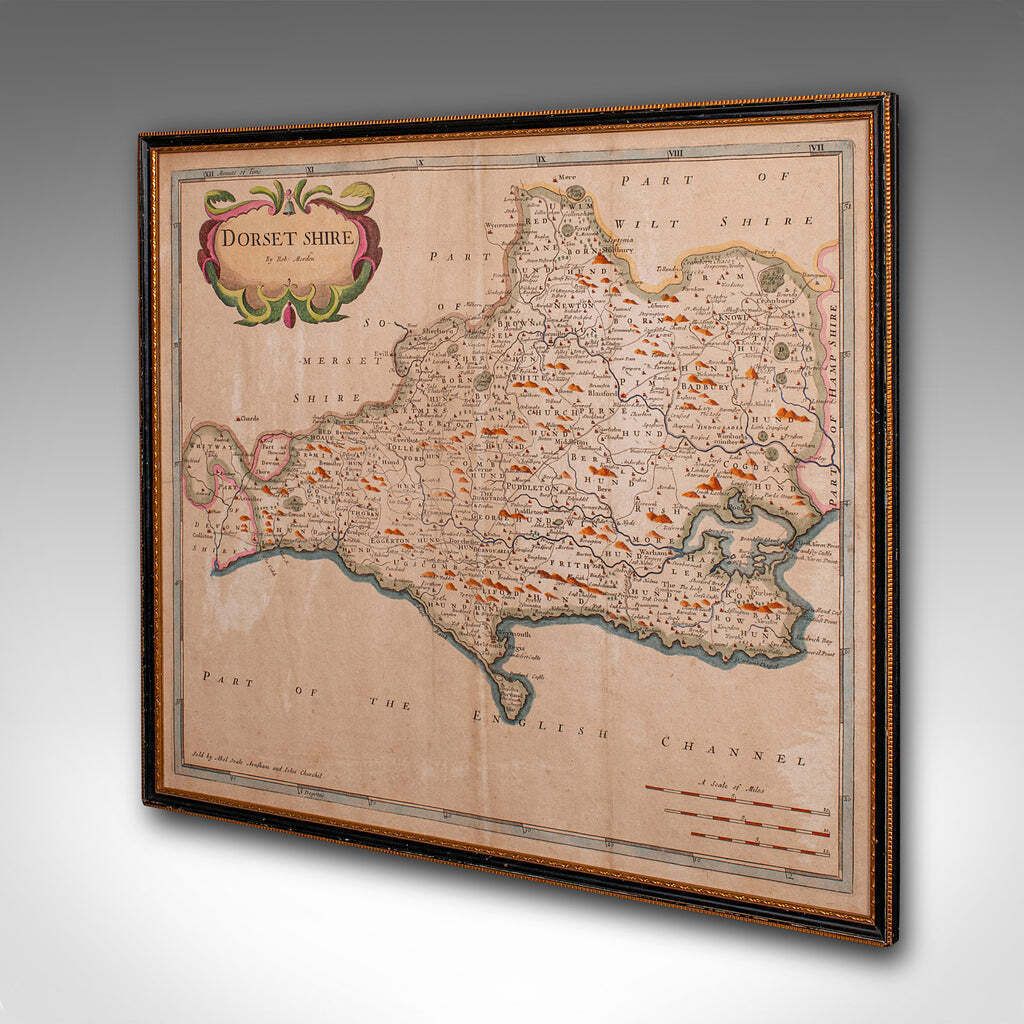 Large Antique 17th Century Dorset Map Framed Cartography Atlas Robert Morden photo for sale
