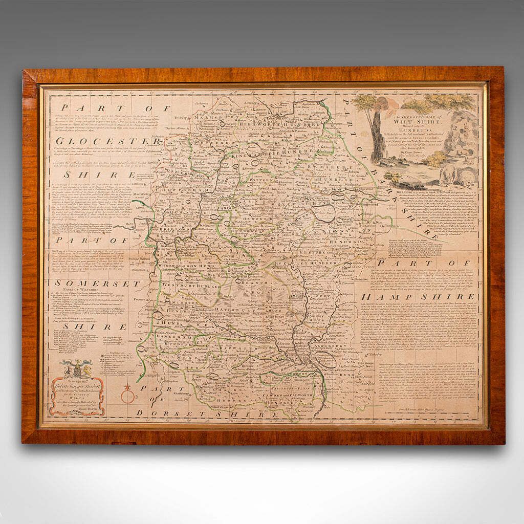 Large Antique Wiltshire Map, County Cartography, Framed, English, 18th Century photo furniture