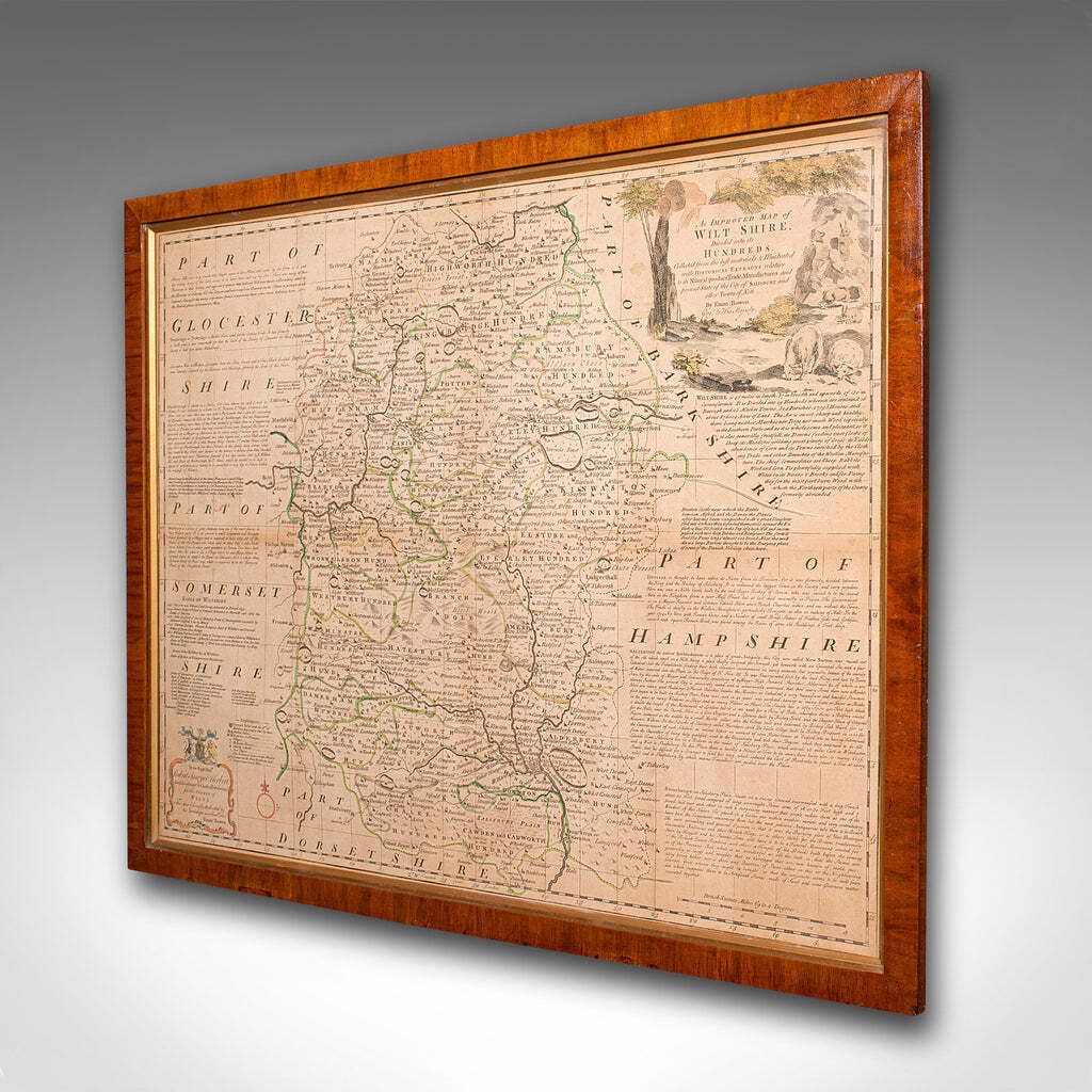 Large Antique Wiltshire Map, County Cartography, Framed, English, 18th Century photo for sale