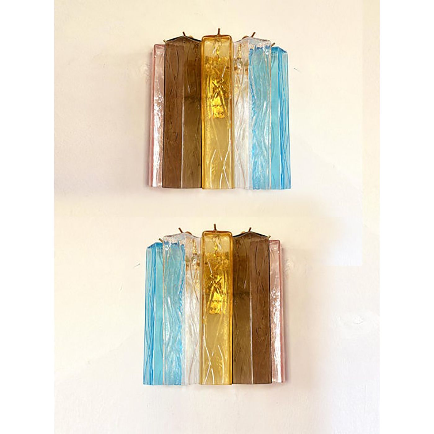 Set Of Two Multicolored "Squares Bark" Murano Glass Wall Sconces In Barovier Style photo Lighting