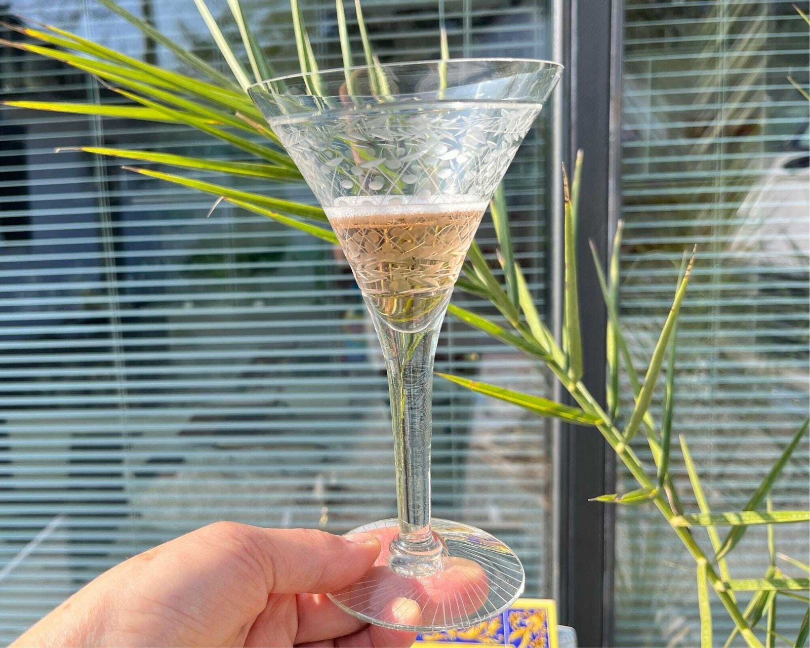 Art Deco Champagne Glazen | 5 Stuks | Antieke Flûtes | Gegraveerde Bladeren | Spaans