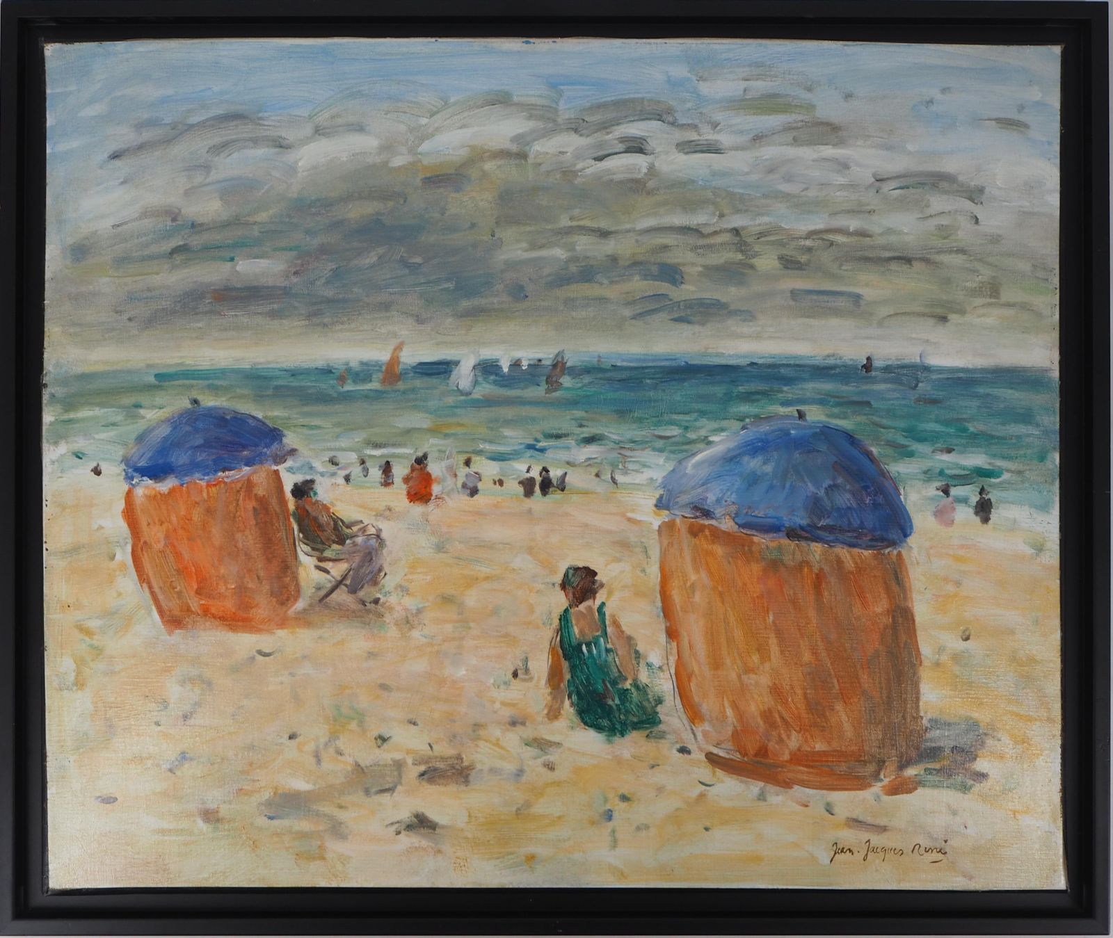 Jean Jacques Rene Normandy : The Colorful Tents On Houlgate Beach   Oil On Canvas, Hansigned