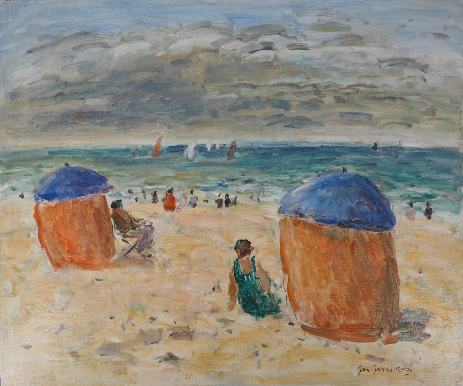 Jean Jacques Rene Normandy : The Colorful Tents On Houlgate Beach   Oil On Canvas, Hansigned photo for sale