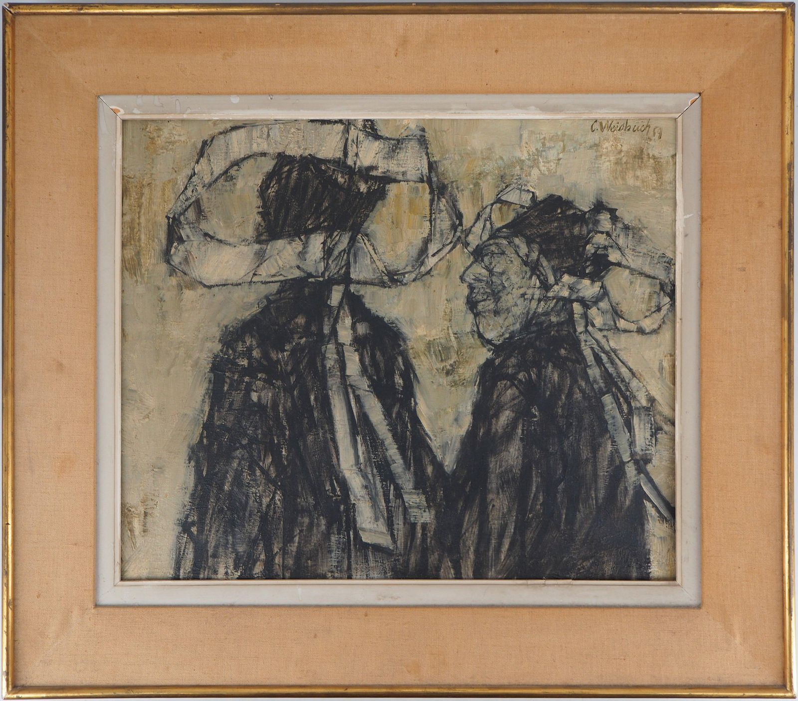 Two Women With Traditional Brittany Dress   Original Oil On Canvas, Signed 1954