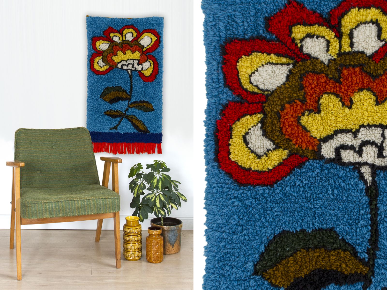Vintage Mid Century Floral Wall Tapestry, Handmade, 1970s photo buy