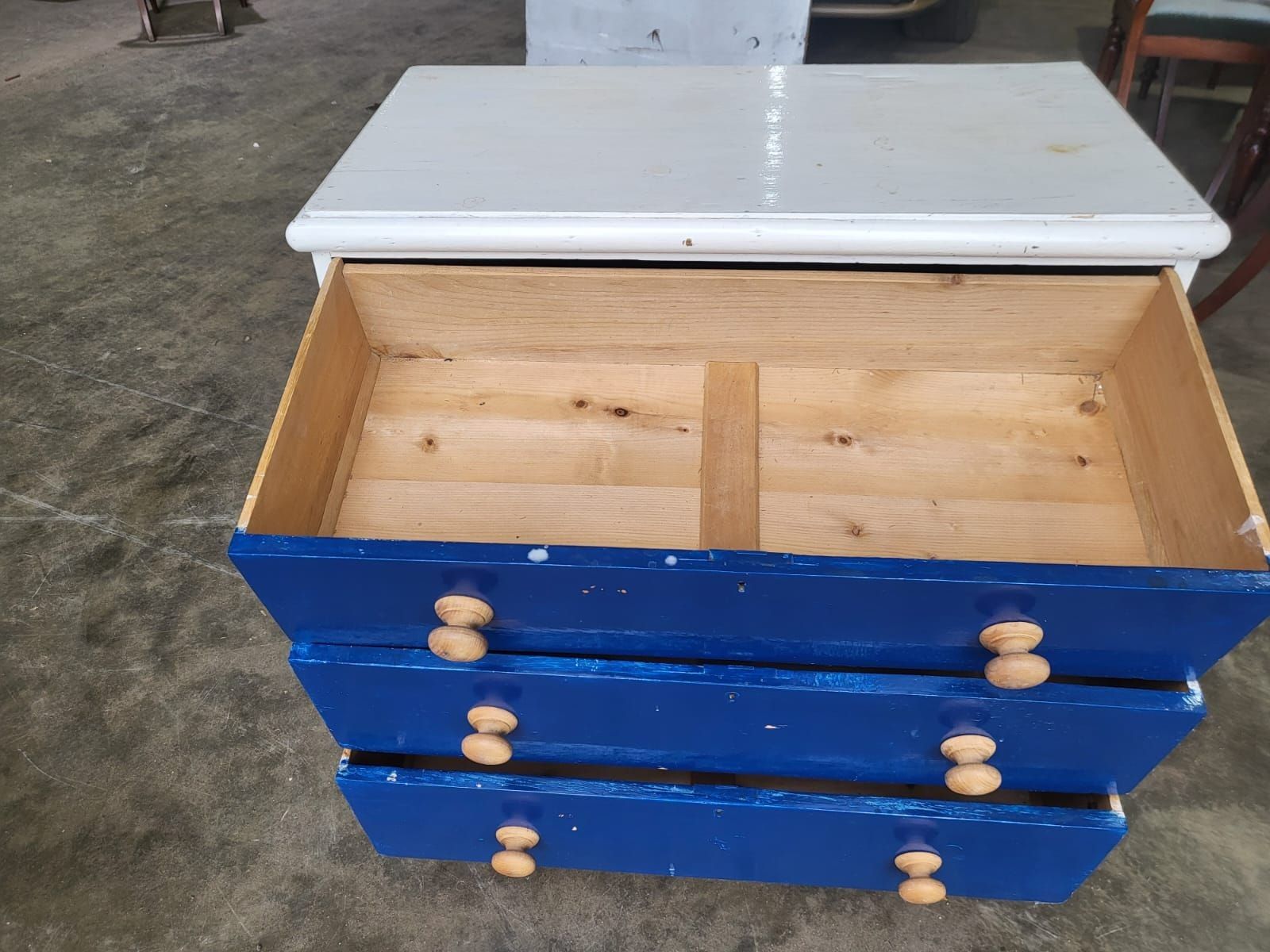 Vintage 20thc Small Low Painted Chest Of Drawers White Blue 3 Drawers photo furniture