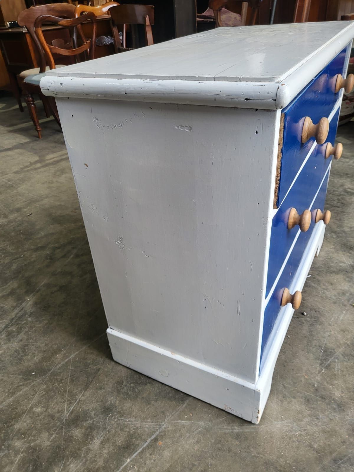 Vintage 20thc Small Low Painted Chest Of Drawers White Blue 3 Drawers photo Furniture