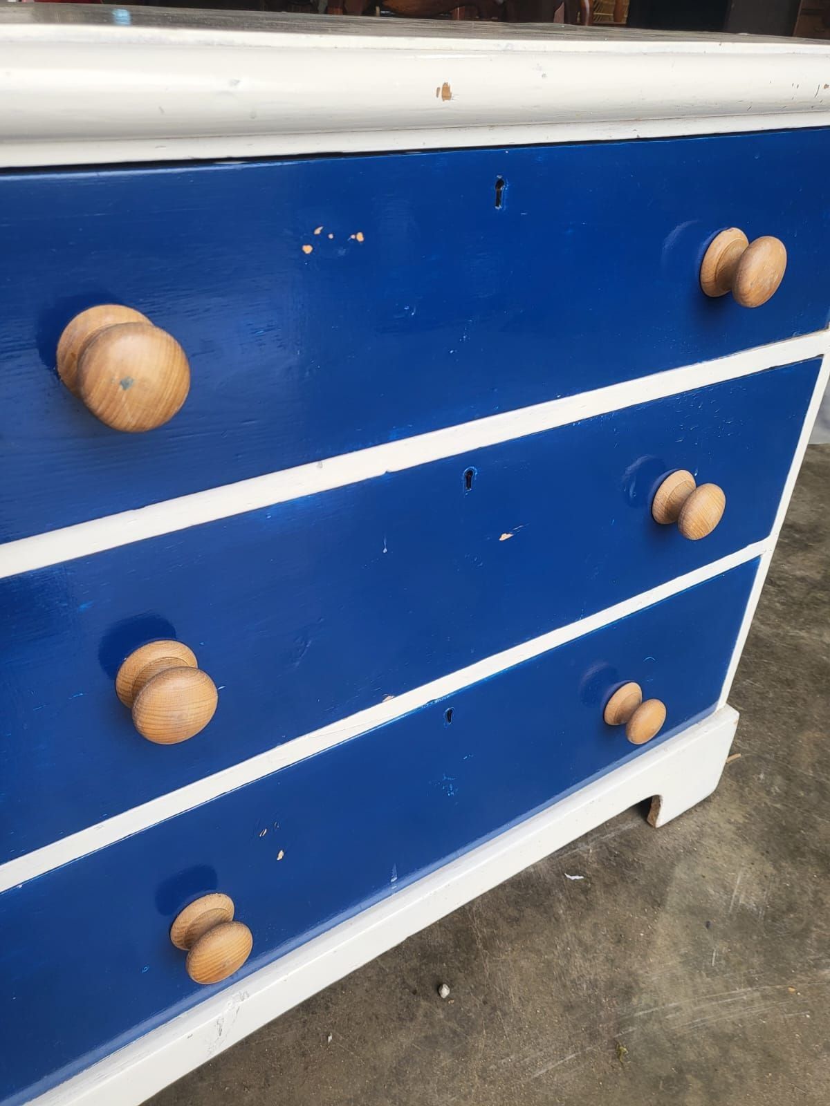 Vintage 20thc Small Low Painted Chest Of Drawers White Blue 3 Drawers photo 195.0