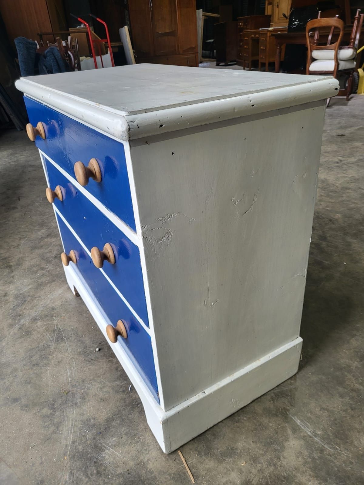 Vintage 20thc Small Low Painted Chest Of Drawers White Blue 3 Drawers photo buy