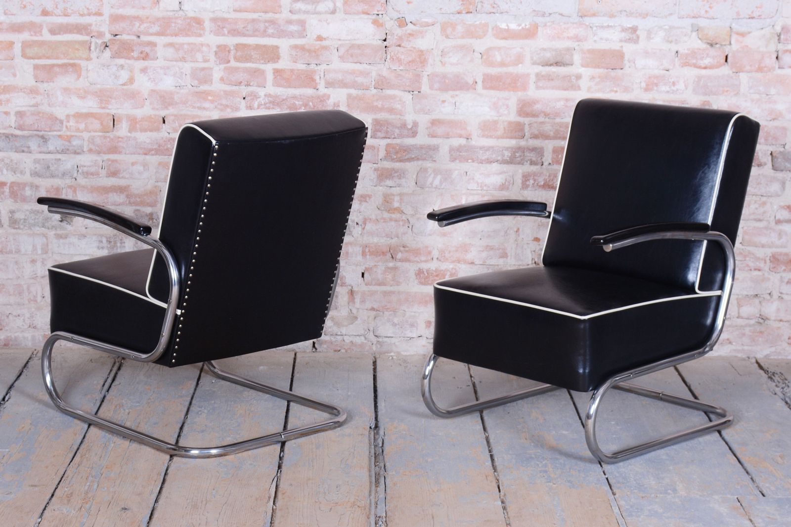 Pair Of Restored Bauhaus Armchairs, Mücke Melder, Leather, Chrome, Czech, 1930s photo 2700.0