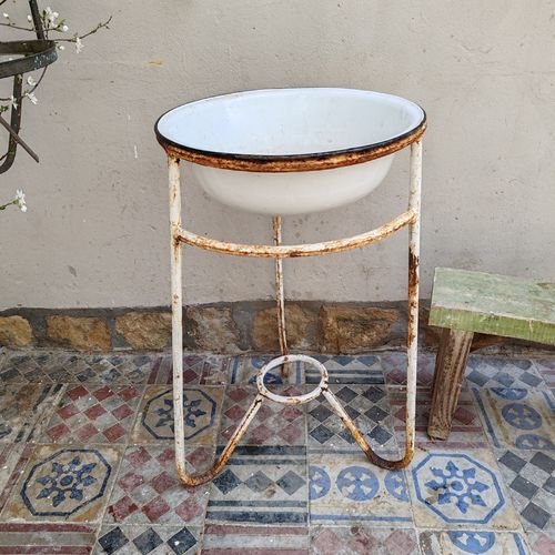 Antique 1920s Hungarian Wash Basin Stand – Rustic Metal With Bowl, Bird Bath photo furniture