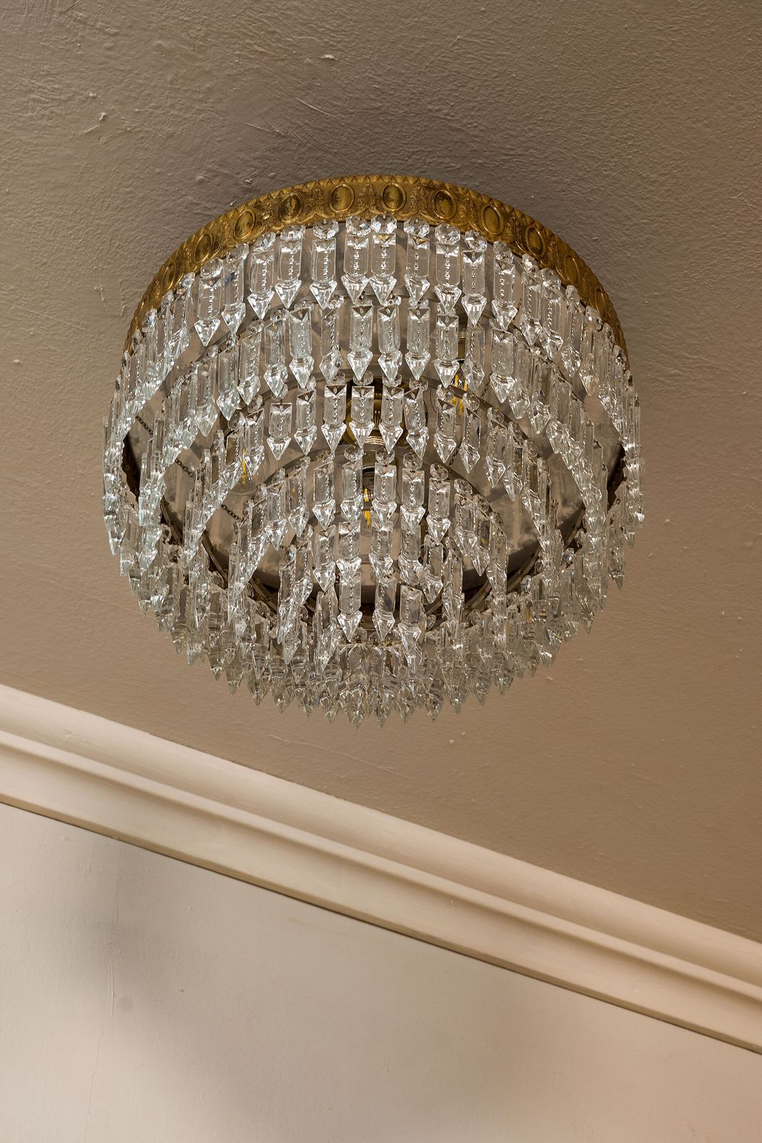 Vintage Empire Style Ceiling Light In Bronze With Hanging Crystal Drops – 1950s Ceiling Fixture photo for sale