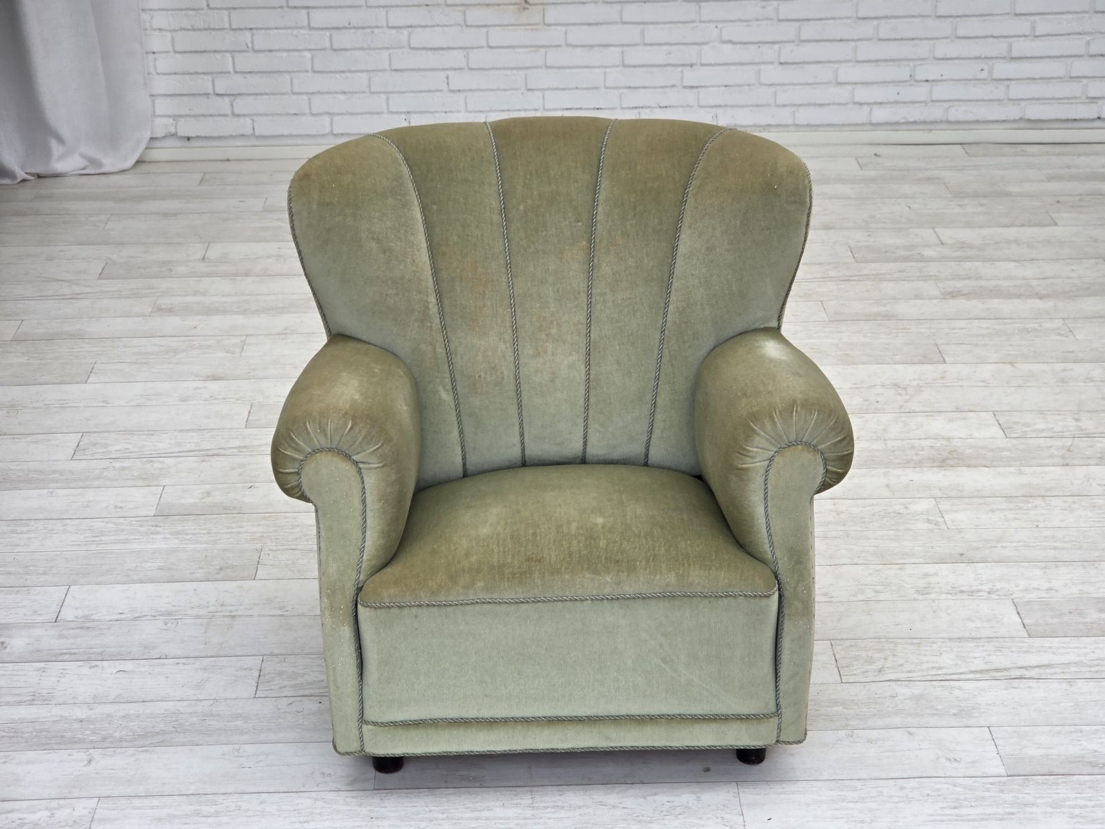 1970s, Danish Relax Armchair, Light Green Furniture Velour, Original Condition. photo vinterior