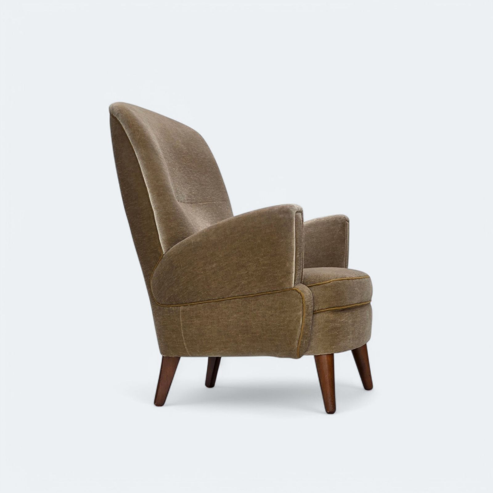1970s, Danish Armchair, Green Furniture Velour, Beech Wood Legs.