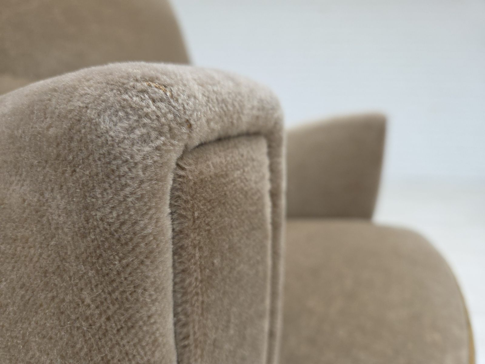 1970s, Danish Armchair, Green Furniture Velour, Beech Wood Legs. photo for sale