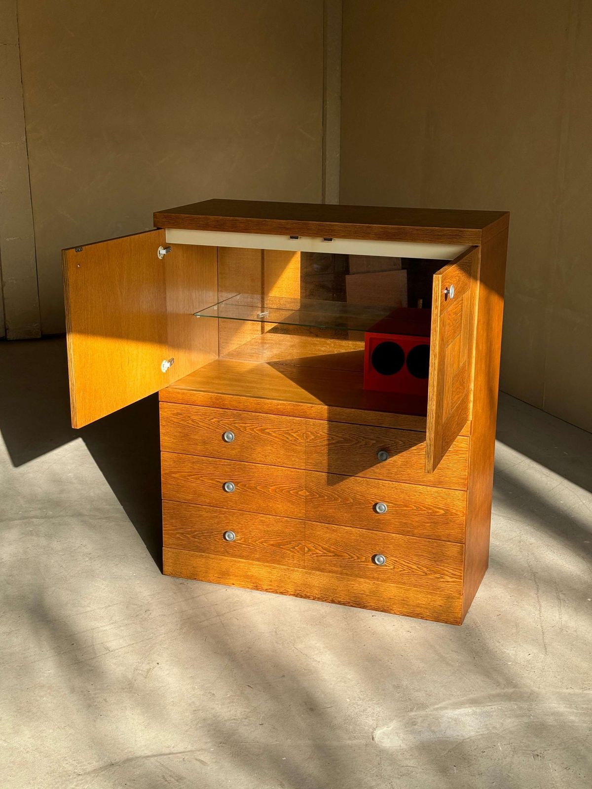 photo for sale Natural Oak Brutalist Bar Cabinet With Drawers, 1980s