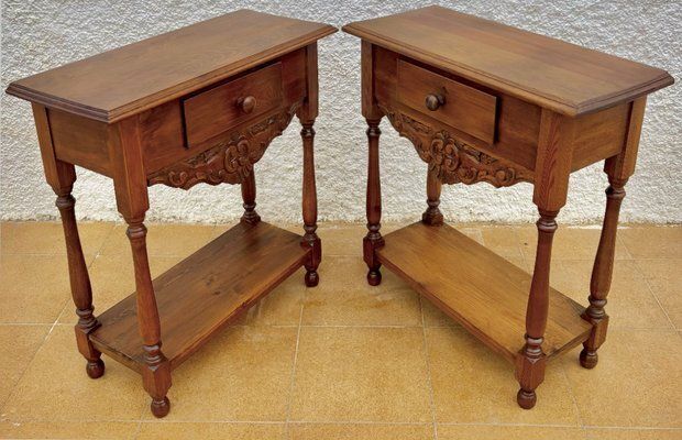 Oak Nightstands With Drawers, 1920s, Set Of 2 photo for sale