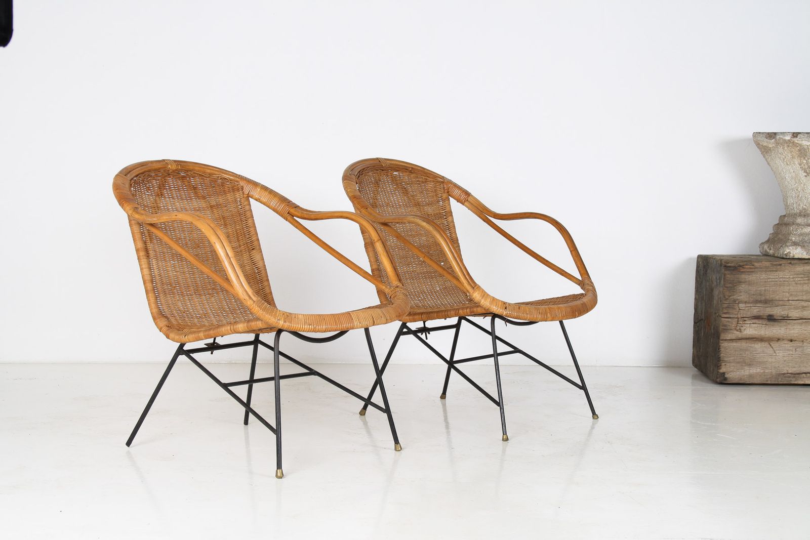 A Pair Of 1950s Mid Century Rattan Basket Chairs In The Manner Of Arthur Umanoff photo vintage