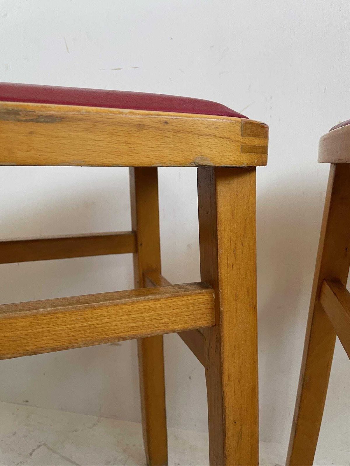 photo furniture Set Of 3 Romanian Mid Century Wooden Stools With Red Vinyl Seats