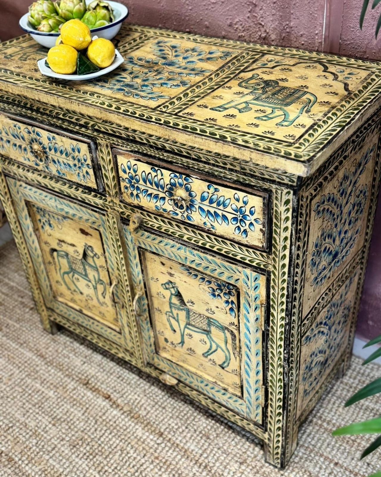 One Of A Kind Vintage Reclaimed Indian Sideboard With Floral, Horse, And Elephant Designs photo for sale