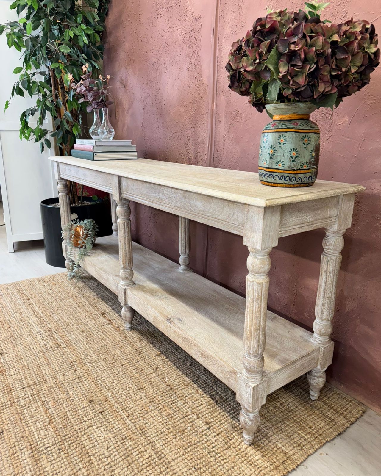 Long Mango Wood Hand Carved Console Table With Shelf – Creamwash Finish photo for sale
