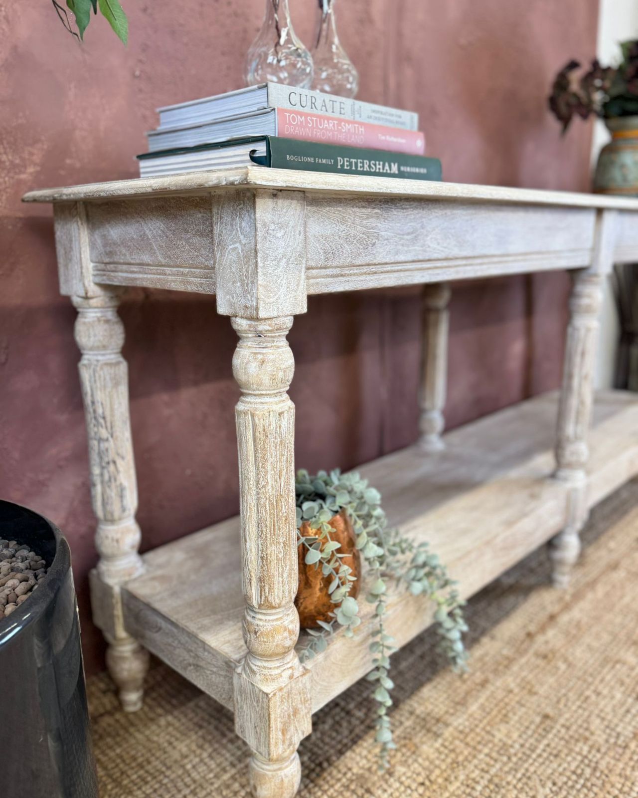 Long Mango Wood Hand Carved Console Table With Shelf – Creamwash Finish photo Furniture