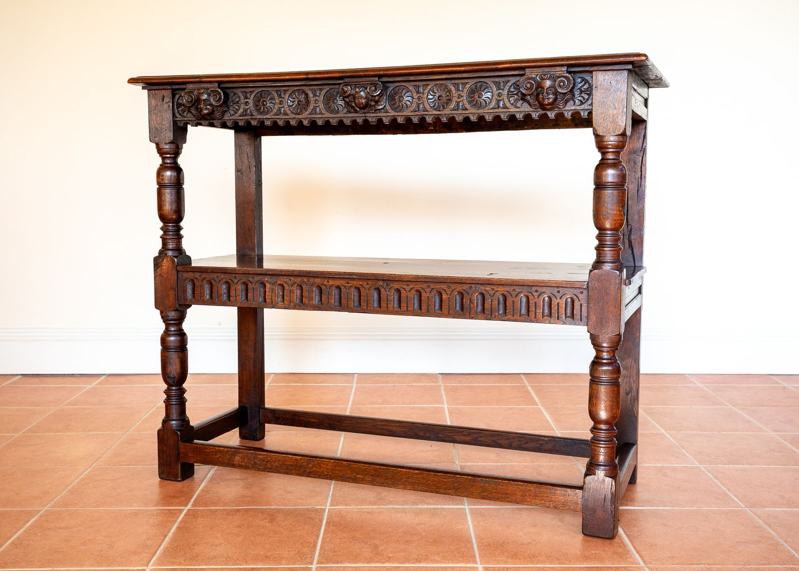 Furniture Jacobean Country Carved Oak Tiered Court Cupboard Server Buffet Display Stand Media Shel.F Unit County House 17th Century Fine Antique Farmhouse photo