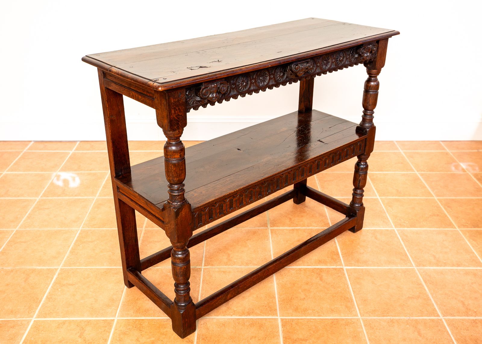 Jacobean Country Carved Oak Tiered Court Cupboard Server Buffet Display Stand Media Shel.F Unit County House 17th Century Fine Antique Farmhouse photo vintage
