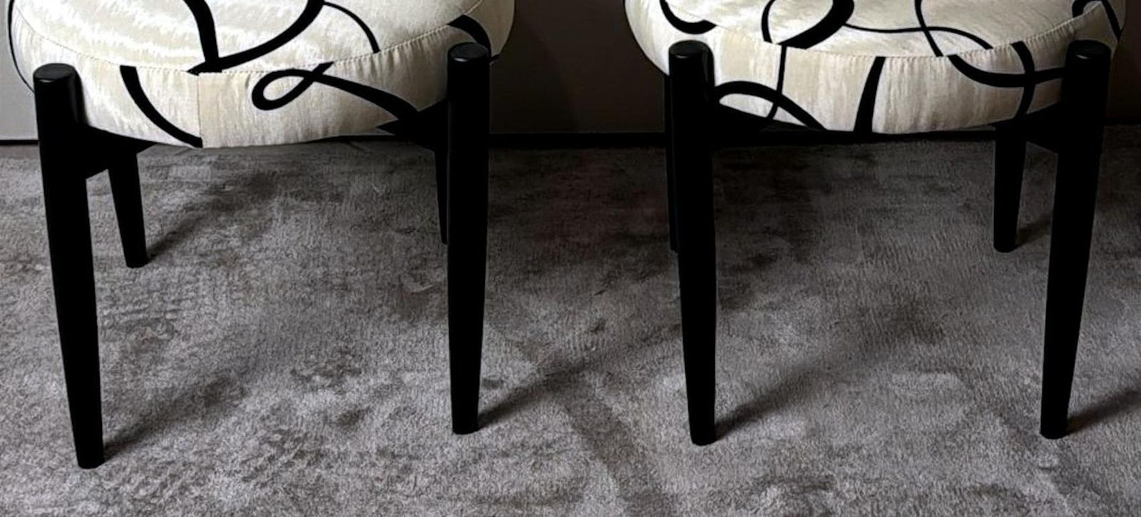 Vintage Pair Of Round Italian Stools In Ebonized Wood And Dedar Fabric photo 814.0