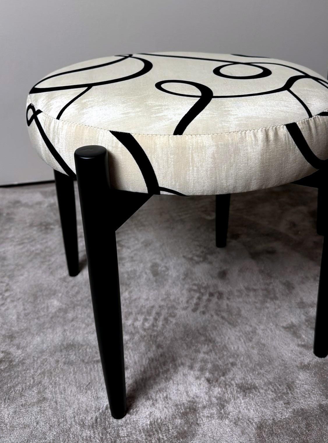 photo vintage Vintage Pair Of Round Italian Stools In Ebonized Wood And Dedar Fabric