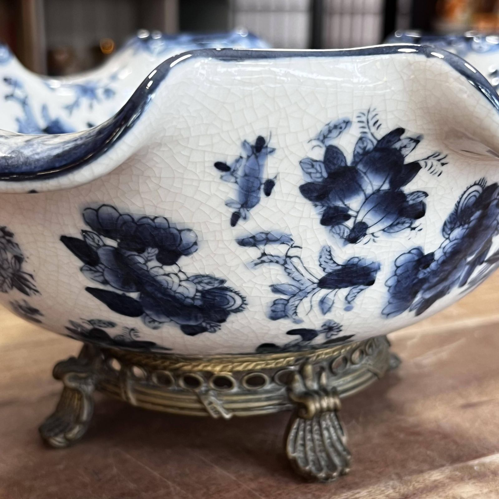 photo furniture Antique 1920s Chinese Porcelain Fruit Bowl With Ruffle Lip & Crackle Glaze