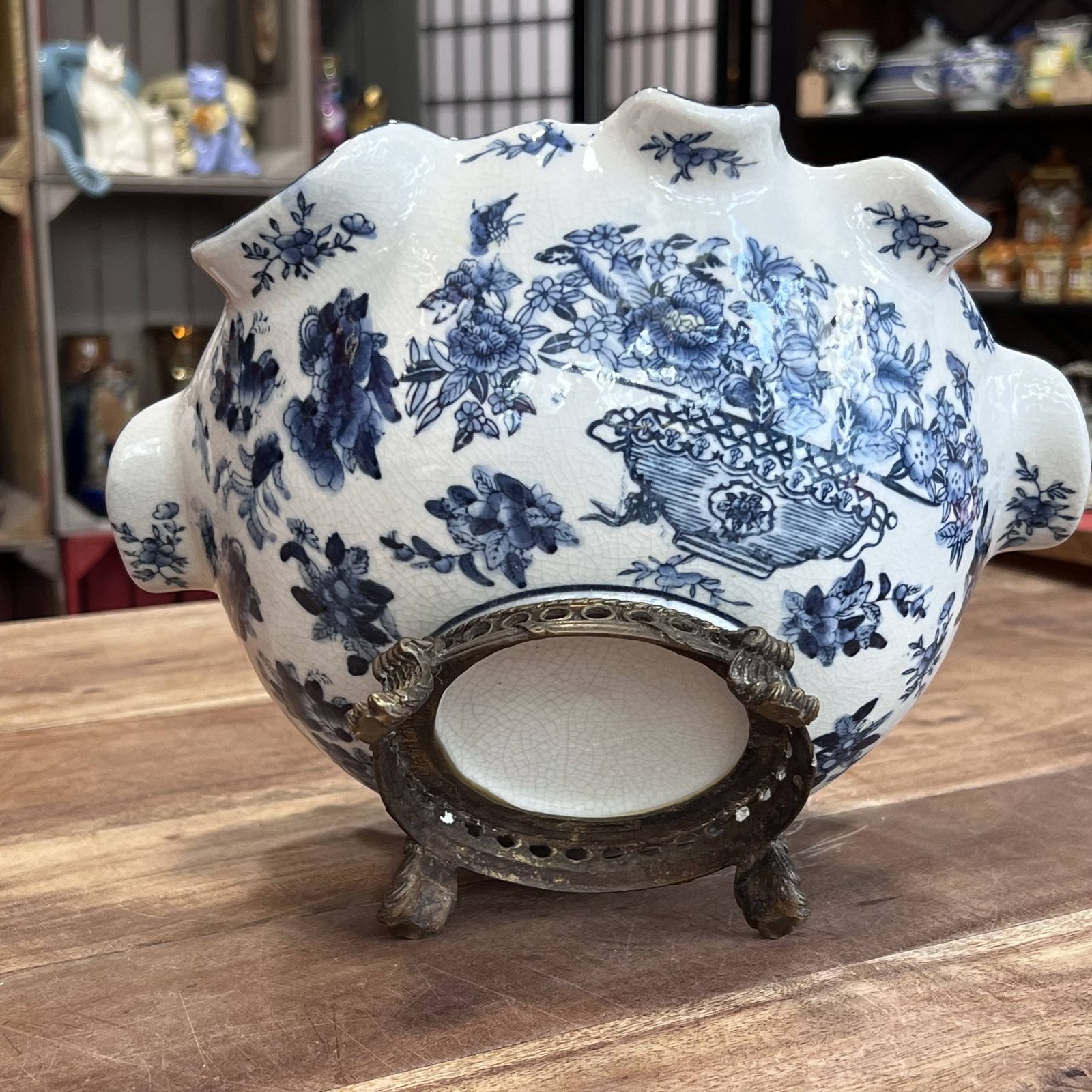Home Decor Antique 1920s Chinese Porcelain Fruit Bowl With Ruffle Lip & Crackle Glaze photo