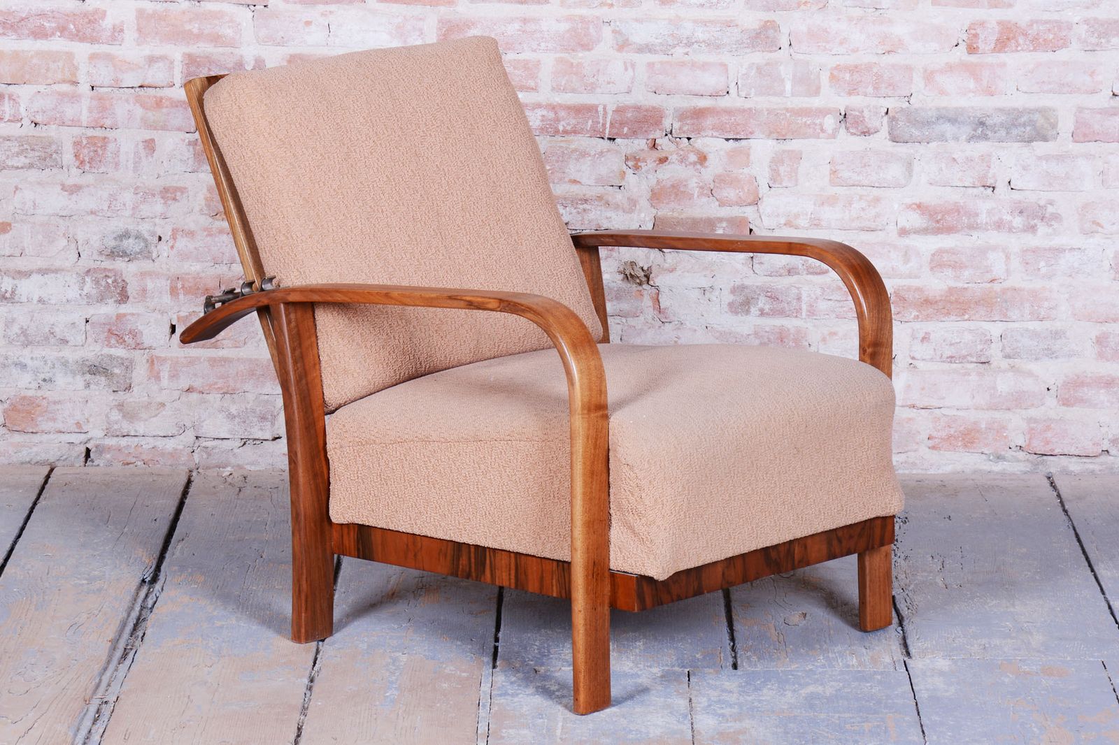 Restored Art Deco Reclining Armchair, Walnut, High Gloss, Czech. 1920s photo furniture