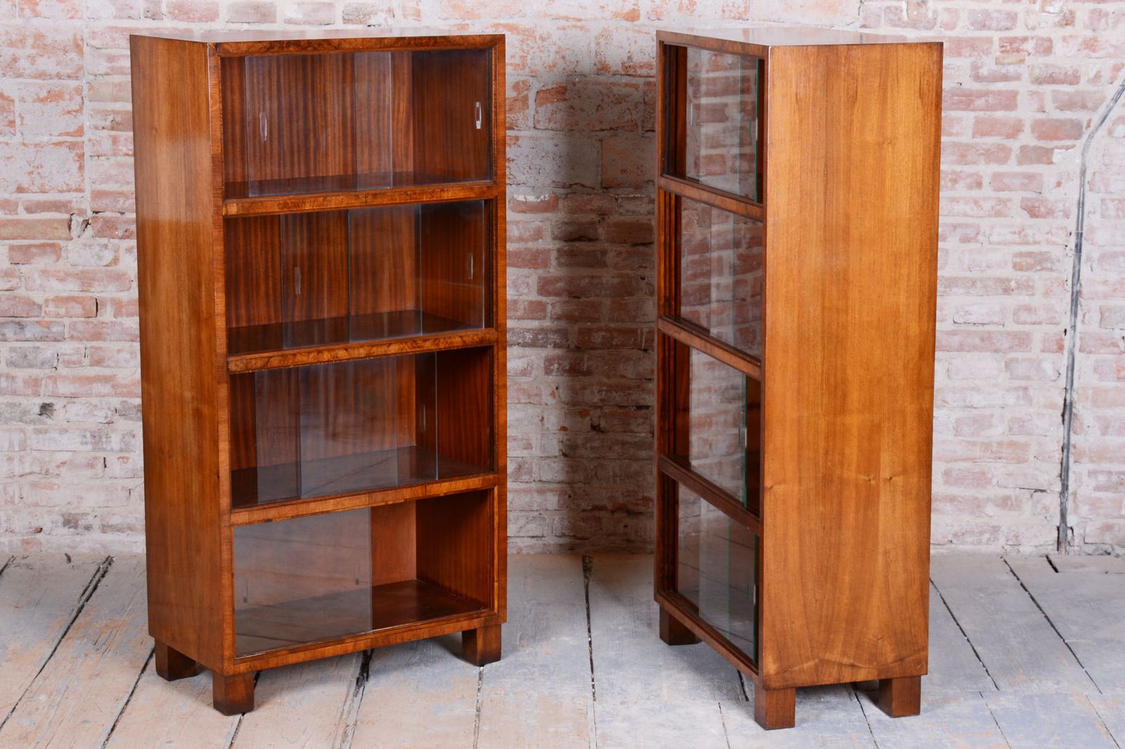 Pair Of Restored Art Deco Bookcases, By Oldřich Liška, Walnut, Czech, 1920s photo vintage