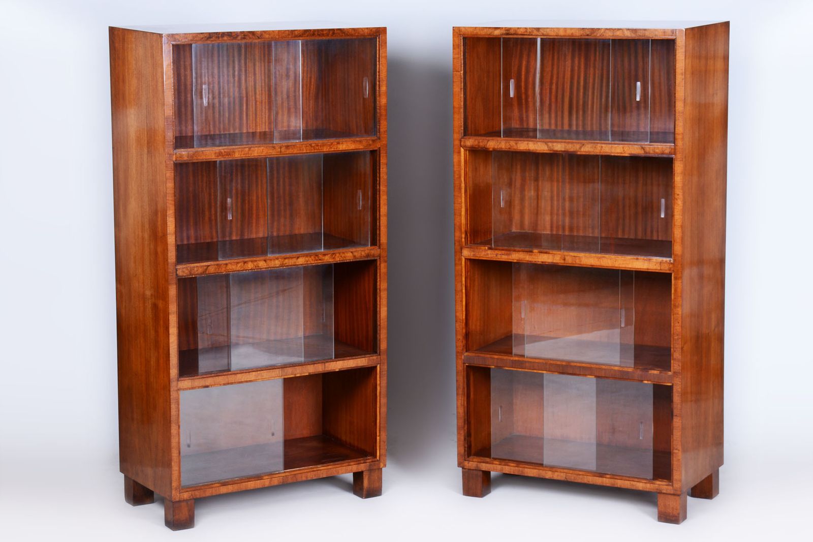 Pair Of Restored Art Deco Bookcases, By Oldřich Liška, Walnut, Czech, 1920s
