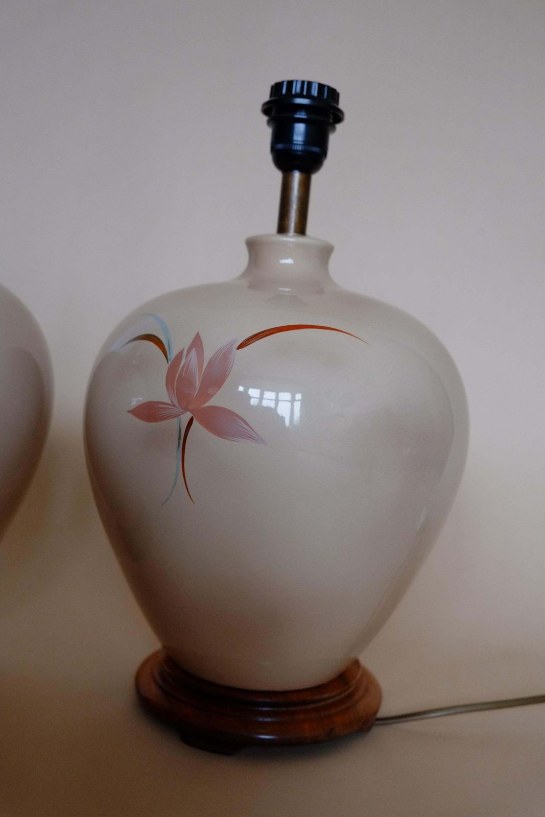 Lighting Large Pair Of 1980's Floral Pink Ceramic Ginger Jar Lamps photo