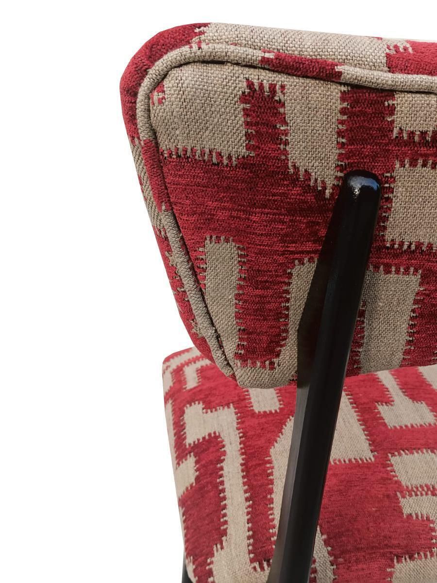 Eight Midcentury Butterflies Chairs, Beige Red Jacquard, Black Wood Europe 1960s photo vinterior