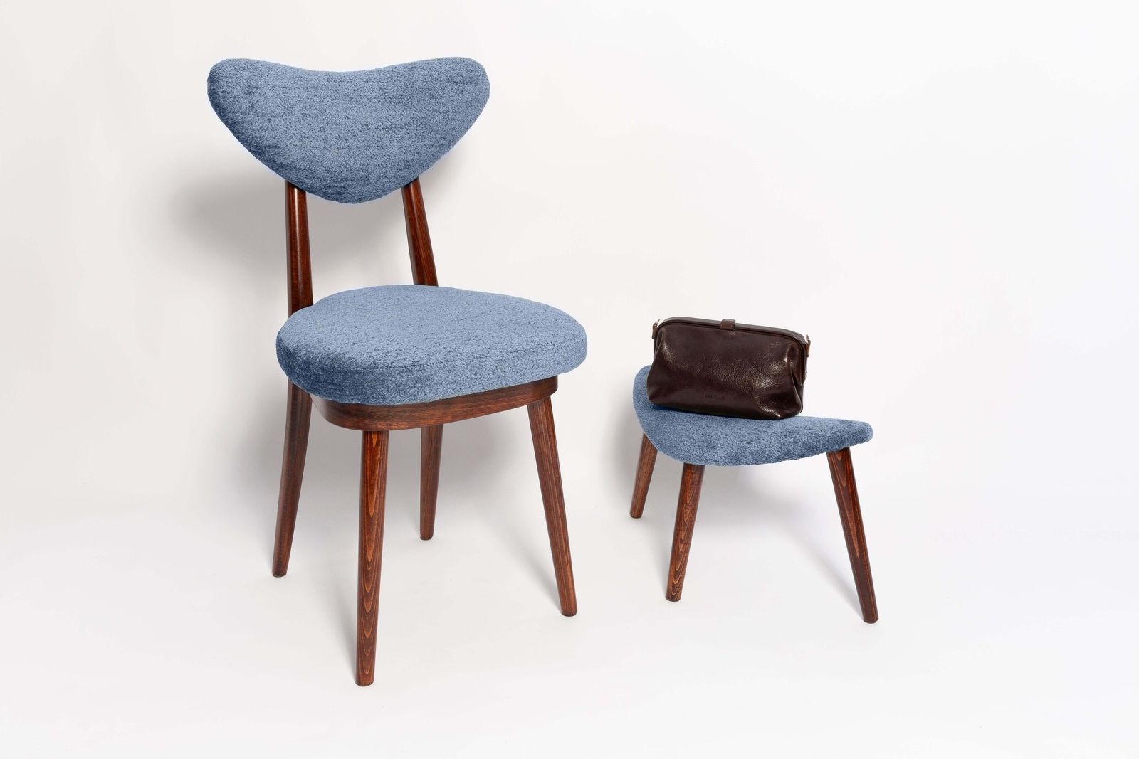 Mini Heart Stool, Blue Velvet, Dark Wood, Europe photo for sale